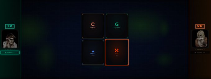The image shows a close-up of a card game menu with four different cards displayed, each representing a different fighter or character. The cards are colored in shades of orange and green, creating an interesting visual contrast against the dark background. The text on the cards indicates that players can choose their preferred fighter from these options.