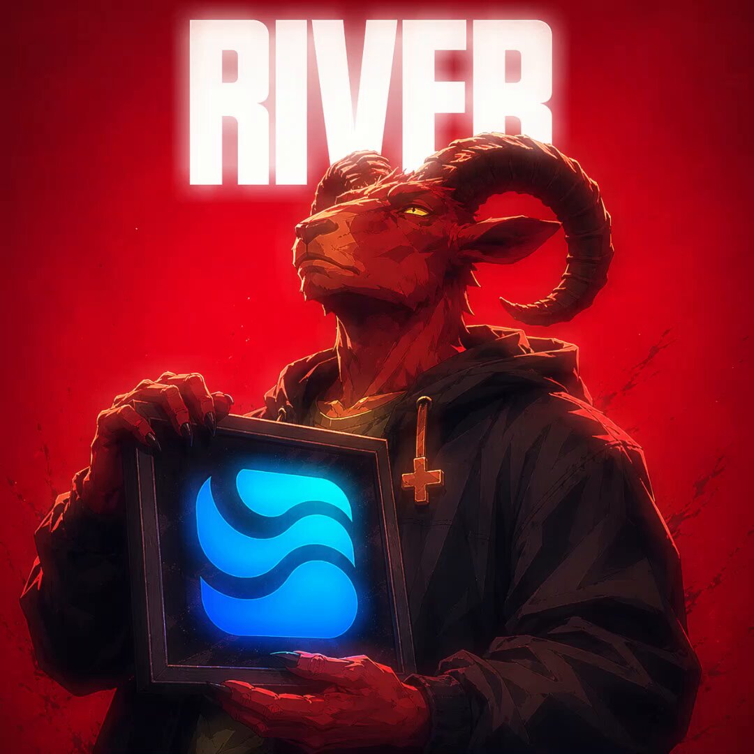 The image features a man with horns standing against a red background. He is holding up a blue sign that has the word "River" written on it, which is located near his left hand. The man appears to be dressed in black clothing, possibly a hoodie or jacket. There are no other objects or people visible in the image.