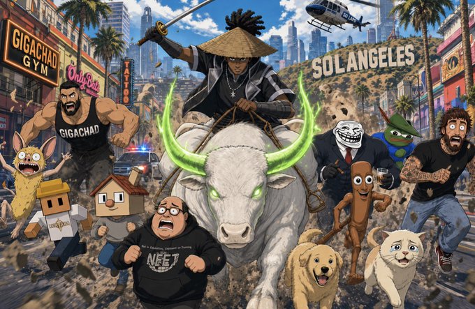 A chaotic meme-style image titled "SOLANGELES" features a samurai riding a glowing-eyed bull alongside various internet meme characters, with visible text including "GIGACHAD GYM," "OnlyBae," and "NEET," satirizing Solana's meme coin culture. The image ties into the "DROP SOLANA WALLETS" post by depicting the wild, meme-driven nature of the Solana ecosystem.