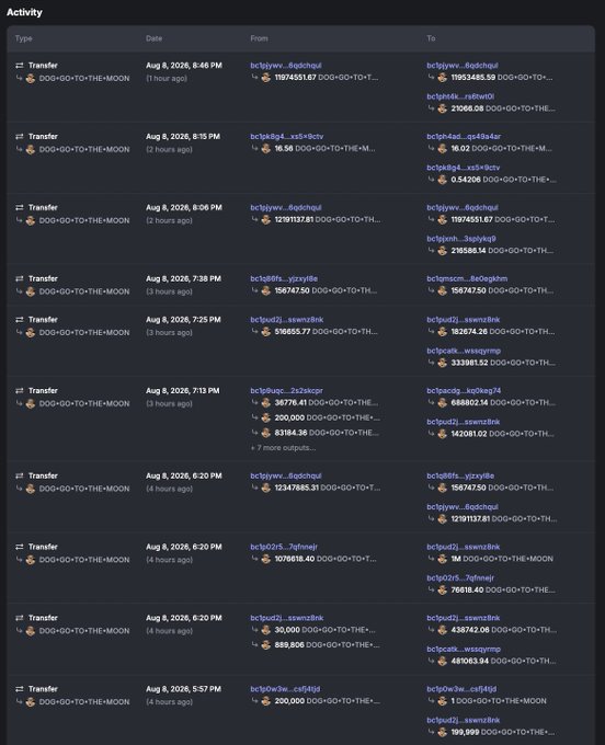 An 'Activity' log displaying a series of DOG•GO•TO•THE•MOON token transfer records on a dark-themed interface, showing dates like 'Aug 8, 2026', wallet addresses, and token amounts.