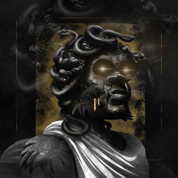 A dark digital illustration of a Medusa-like figure with snakes for hair, glowing eyes, and an open mouth, set against a textured golden background.