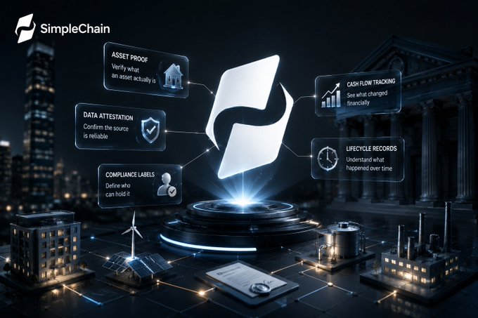 Digital promotional graphic for 'SimpleChain' displaying features like Asset Proof, Data Attestation, Compliance Labels, Cash Flow Tracking, and Lifecycle Records around a central stylized logo.