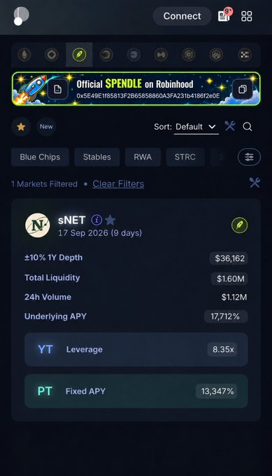 A mobile app interface displaying a crypto market listing for $NET (launched 17 Sept 2026) with stats including $1.60M total liquidity, 1Y Depth of $36,162, 17,712% underlying APY, and leverage options (YT 8.35x, PT 13,347%), shown as the proposed redesign for SPENDLE on Robinhood.

The image appears to illustrate the user's suggested alternative design for the SPENDLE token interface, replacing the current "muted and boring" layout with a more engaging mobile UI featuring clear market metrics, filter categories (Blue Chips, Stables, RWA, STRC), and visually distinct leverage/fixed APY options.