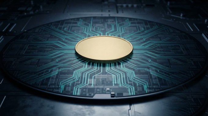 A gold coin, representative of Bitcoin (BTC), rests on a circular circuit board, illustrating its connection to technology and the wider market. The image visually complements the post by suggesting Bitcoin's integration with and potential influence from semiconductor markets and the AI era.