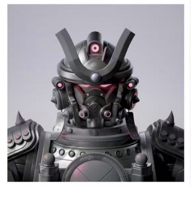 A dark, samurai-themed mechanical figure with glowing pink/magenta eyes and an ornate helmet with horn-like protrusions dominates the frame. The accompanying caption humorously references the NFT's once lofty 500 ETH valuation, contrasting its former prestige with its likely diminished current worth.