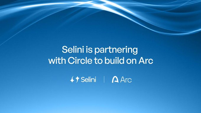 The image features a blue gradient background with flowing wave designs and displays the announcement "Selini is partnering with Circle to build on Arc," accompanied by the Selini and Arc logos. This visually represents the partnership between Selini and Circle to develop onchain financial infrastructure on the Arc network.