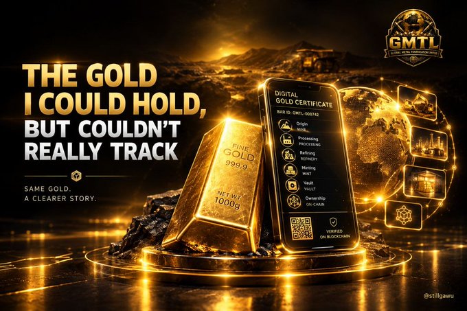 A promotional graphic featuring a glowing gold bar labeled "FINE GOLD 999.9, NET WT 1000g" alongside a smartphone displaying a "DIGITAL GOLD CERTIFICATE" for "GMTL-9999" with status indicators for Origin, Processing, Refining, Mining, and Vault, branded with the "GMTL" logo. The bold text reads "THE GOLD I COULD HOLD, BUT COULDN'T REALLY TRACK" and "SAME GOLD. A CLEARER STORY." — visually reinforcing the post's message about transitioning from hard-to-verify physical gold to traceable blockchain-backed digital certificates.