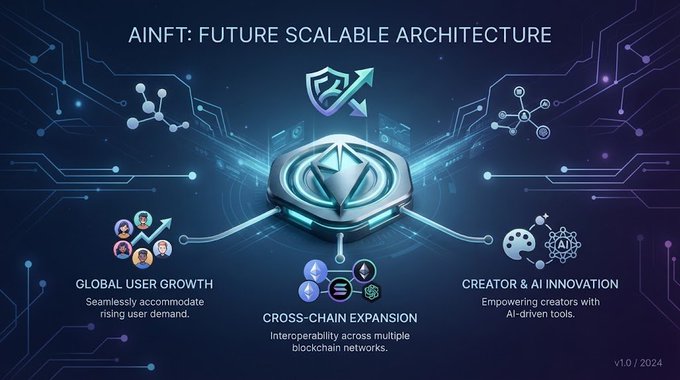 A presentation slide titled 'AINFT: FUTURE SCALABLE ARCHITECTURE' (v1.0, 2024) highlighting global user growth, cross-chain expansion, and creator & AI innovation.