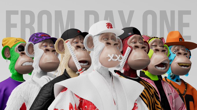 A lineup of Bored Ape-style NFTs wearing various streetwear hats and accessories stands in front of a gray background displaying the faded text "FROM DAY ONE," reflecting the post's gratitude to long-time HAPE community holders by personifying each dedicated member as one of the iconic collectible apes.