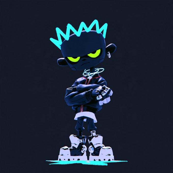 A 3D-rendered cartoon character with glowing neon-green hair and eyes, wearing a dark jacket and standing with a confident pose on a stylized base.