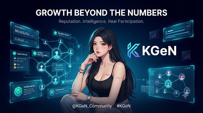 A promotional graphic for 'KGeN' featuring an anime-style woman surrounded by futuristic holographic dashboards displaying 'GROWTH BEYOND THE NUMBERS', 'Reputation. Intelligence. Real Participation.', and various metrics like 'Verified Identity' and 'Digital Identity', with '@KGeN_Community' and '#KGeN' at the bottom.