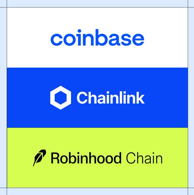 A simple graphic displaying three stacked brand logos: 'coinbase' in blue on white, 'Chainlink' in white on blue, and 'Robinhood Chain' in black on a lime green background.