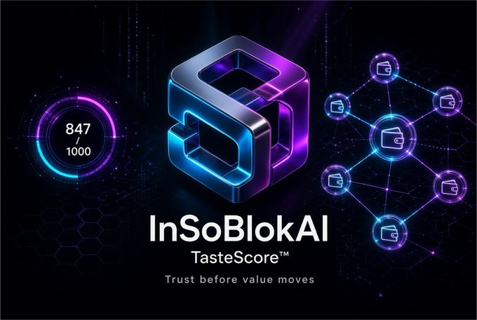 A digital graphic for 'InSoBlokAI TasteScore™' featuring a 3D logo with a score of 847/1000, the tagline 'Trust before value moves', and connected wallet icons.
