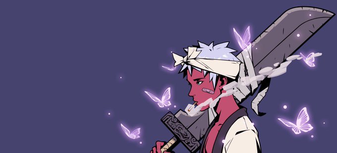 An anime-style illustration of a red-skinned character with white hair and a headband holding a large sword, surrounded by glowing purple butterflies against a dark blue background.