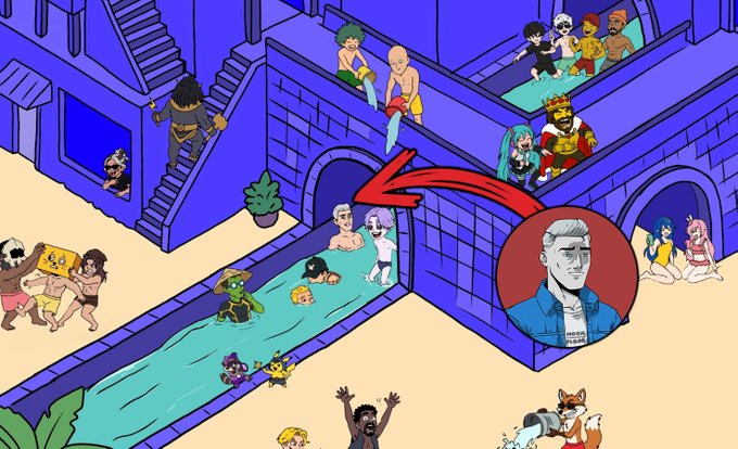 A pixel art scene depicting a crowded bathhouse or pool area with various characters, featuring a red arrow pointing to a character in the pool and a circular inset highlighting a male character with gray hair.