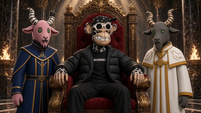 AI-generated fantasy image showing a monkey-like figure wearing sunglasses and a black 'BORING' t-shirt sitting on a throne, flanked by a pink horned creature in blue robes and a gray horned creature in white robes.