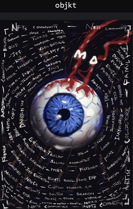 A digital artwork titled 'objkt' featuring a hyper-realistic blue eyeball at the center, surrounded by handwritten-style text listing various NFT artists and collectors on a dark background with red vein-like streaks.