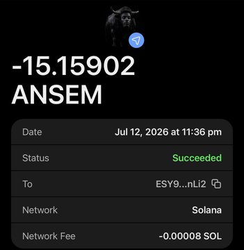 The image shows a successful Solana transaction receipt dated July 12, 2026, for a transfer of -15.15902 ANSEM tokens to address ESY9…nLi2, with a minimal network fee of -0.00008 SOL. This visually supports the post's claim that the user is actively distributing $ANSEM tokens, implying that others ("MJST") may be tracking and following their transactions.