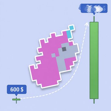 A pink unicorn with a blue horn and tail, accompanied by a green arrow pointing upwards, stands against a light purple background.
