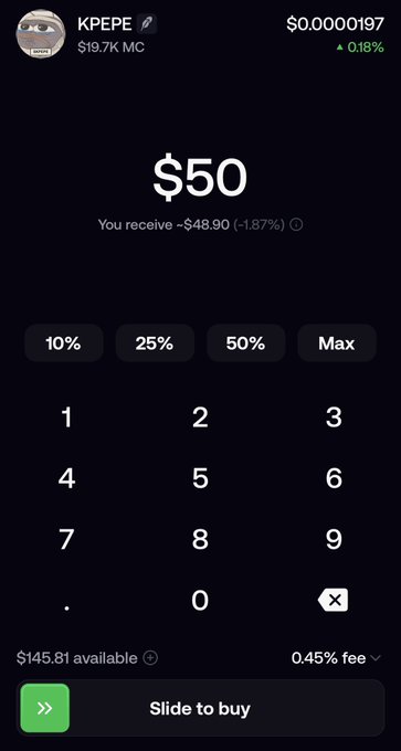 A cryptocurrency trading app interface showing a $50 buy order for the token KPEPE priced at $0.00000197, with a market cap of $19.7K and $145.81 available.