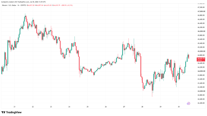 A TradingView candlestick chart displays Bitcoin's price action, with the text "tomobit created with TradingView.com, Jul 30, 2025 13:35 UTC" and Bitcoin priced around $64,837.