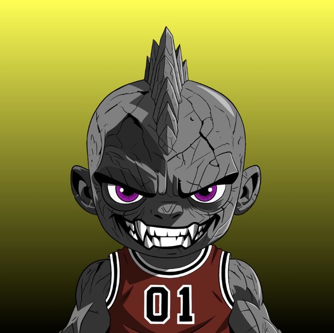 A chibi-style illustration of a fierce gray stone creature with glowing purple eyes, a sharp-toothed grin, and a crystal mohawk, wearing a red jersey with "01" on it. The intense, wide-awake monster contrasts humorously with the post's message about winding down and getting rest for the night.