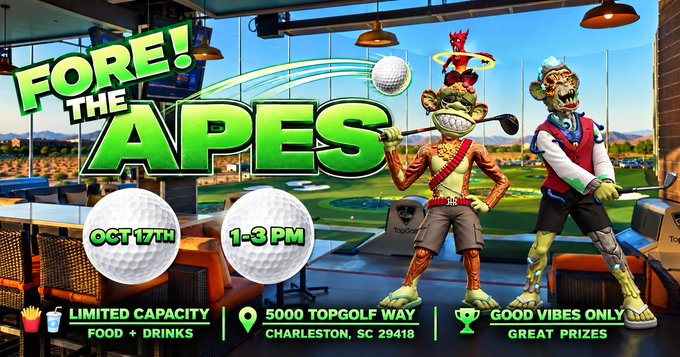 An event flyer titled 'FORE! THE APES' for an Oct 17th, 1-3 PM gathering at 5000 Topgolf Way in Charleston, SC 29418, featuring cartoon zombie apes playing golf.