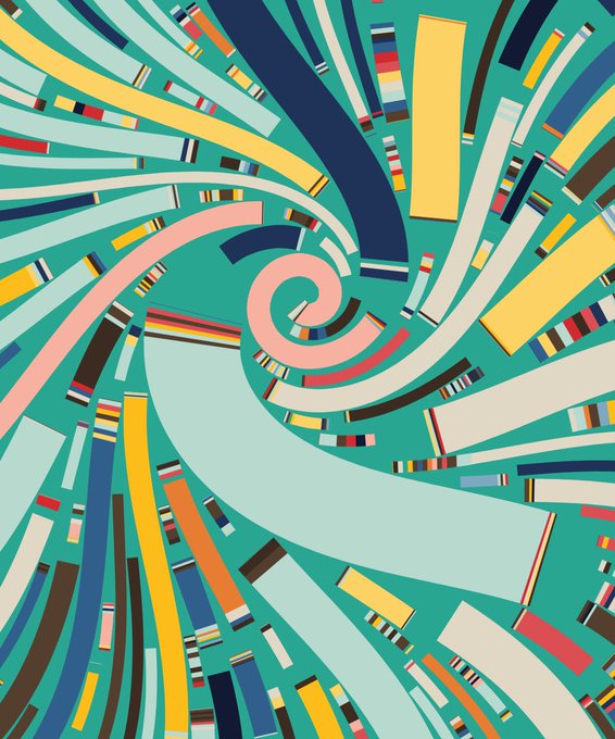 An abstract digital artwork featuring a swirling spiral composition of colorful rectangular and curved shapes radiating outward on a teal background.