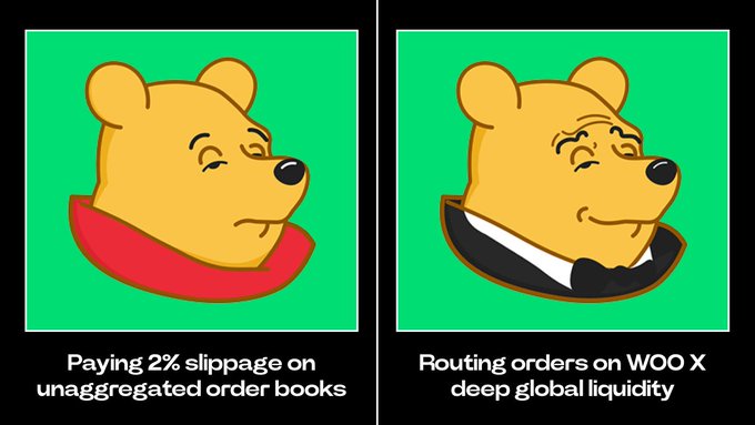 A two-panel meme features Winnie the Pooh; the left panel with a red collar reads 'Paying 2% slippage on unaggregated order books', while the right panel in a tuxedo reads 'Routing orders on WOO X deep global liquidity'.