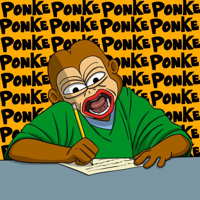 A cartoon monkey with an exaggerated open mouth sits at a desk writing on paper, surrounded by a repeating "PONKE" pattern on a yellow background, matching the meme-style post filled with "PONKE PONKE PONKE."