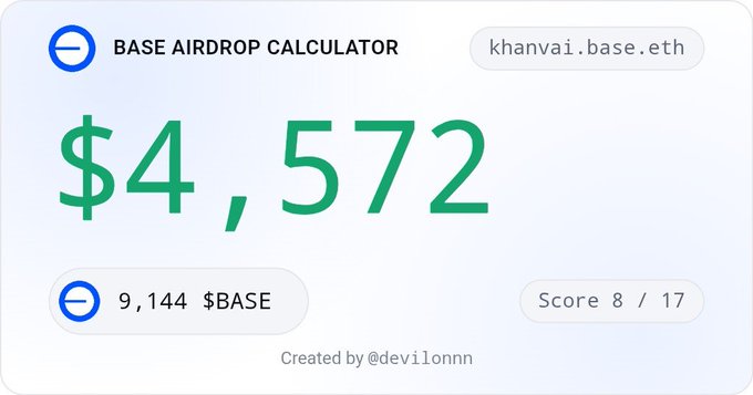 A Base Airdrop Calculator from khanvai.base.eth shows an estimated value of $4,572 for 9,144 $BASE tokens with a Score of 8/17, created by @devilonnn.