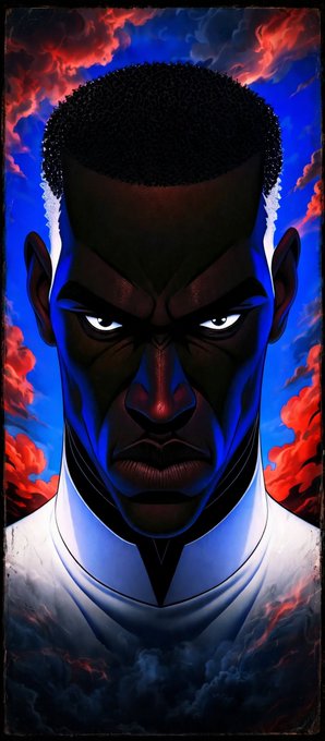 A stylized illustrated portrait of a Black man with a serious expression, wearing a white shirt against a dramatic background of red and blue clouds.
