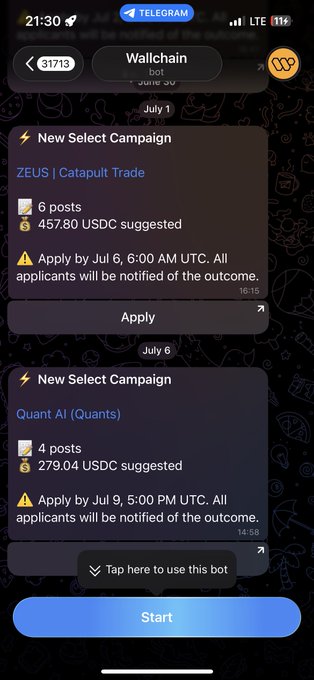 A Telegram screenshot from the "Wallchain bot" shows two unselected campaign opportunities—"ZEUS | Catapult Trade" offering 457.80 USDC for 6 posts and "Quant AI (Quants)" offering 279.04 USDC for 4 posts—both with "Apply" buttons the user never tapped. The image illustrates the post's frustration about repeatedly being passed over for Wallchain airdrop campaigns despite meeting the requirements.