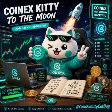 A CoinEx cryptocurrency advertisement featuring a white cat wearing 'MEOW' sunglasses with the text 'COINEX KITTY TO THE MOON' and 'Trade. Create. MEOWnifest.'