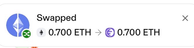 A notification showing "Swapped 0.700 ETH → 0.700 ETH" on a crypto wallet, indicating a token bridge transaction—possibly Ethereum to Ink (a Layer 2 network), aligning with the post's urgency to "BRIDGE TO INK BEFORE IT'S TOO LATE."