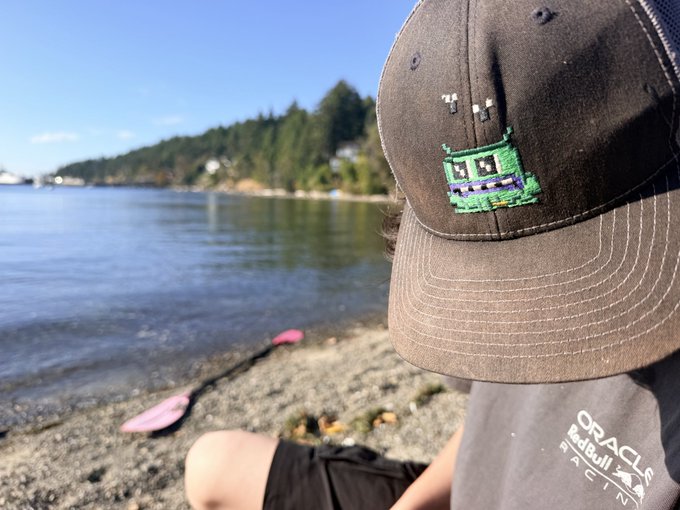 A person wearing a black cap with a green robot/creature patch and an 'ORACLE Red Bull RACING' shirt sits on a rocky beach overlooking water with a forested shoreline, while a pink paddle floats nearby.