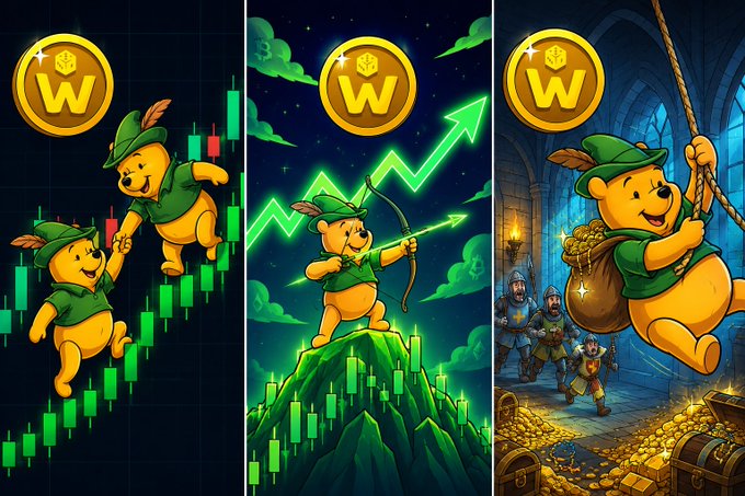 A three-panel illustration featuring Winnie the Pooh characters as Robin Hood-style figures in green outfits, set against trading charts and a treasure room, with gold "W" coin icons in each panel.