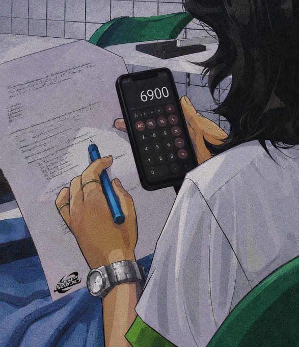 Anime-style illustration of a person from behind holding a smartphone calculator showing '6900' while writing with a blue pen on handwritten notes.