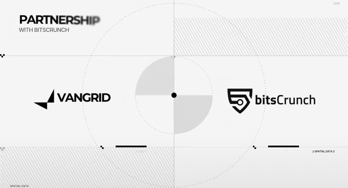A minimalist graphic announces a partnership between Vangrid and bitsCrunch, featuring both company logos in black against a white background with geometric line patterns.