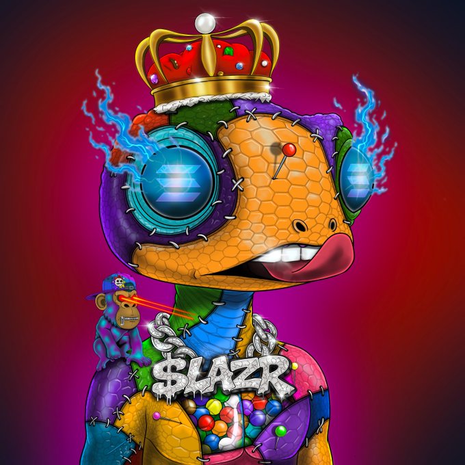 A vibrant, cartoon-style illustration features a colorful, patchwork creature wearing a jeweled crown, diamond encrusted "$LAZR" chain, and displaying a chest cavity filled with gumball-like candies, with a small monkey companion shooting laser eyes from its shoulder. The image aligns with the post's "GM" (good morning) greeting by showcasing the whimsical, eccentric NFT art style associated with the Lunardollz collection.