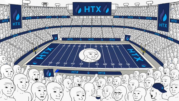 An illustration of a football stadium filled with crowd characters, featuring 'HTX' branding on banners, field markers, and screens.