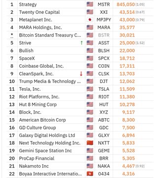 A stock market ranking list shows companies like Strategy (MSTR), Twenty One Capital (XXI), Metaplanet Inc., MARA Holdings (MARA), and Tesla Inc. (TSLA) with their respective figures.