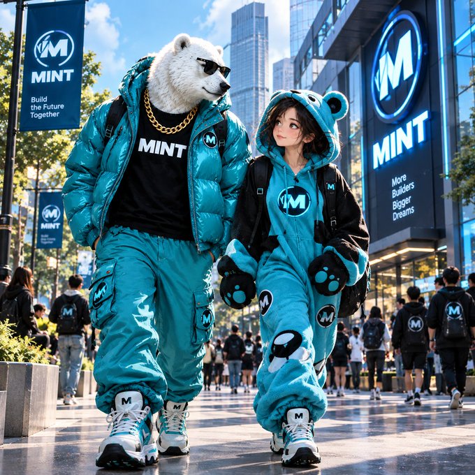 An anime-style digital illustration shows two characters in matching turquoise 'MINT' branded streetwear outfits standing in a futuristic city street with 'MINT' signage and 'Build the Future Together' banners.