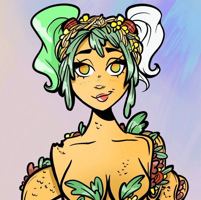 Stylized cartoon illustration of a green-haired female character with colorful eyes, wearing a leafy and floral outfit with a flower crown.