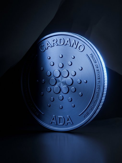 A metallic blue Cardano (ADA) commemorative coin rests against a dark backdrop, featuring the inscriptions "CARDANO," "ADA," and "PROOF OF STAKE BLOCKCHAIN · ADA · 2022," symbolizing the project's proof-of-stake foundation referenced in the post about coordinated hard fork upgrades.