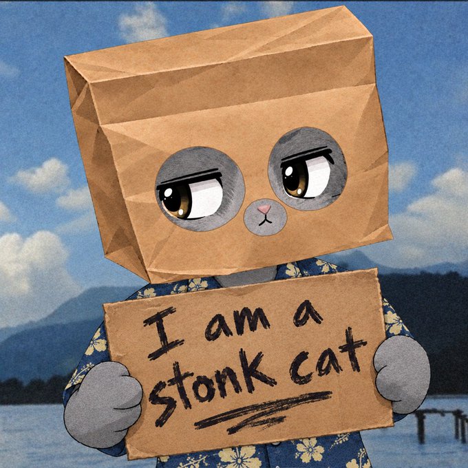 A cartoon cat with a paper bag over its head holds a cardboard sign reading 'I am a stonk cat' in front of a lake and mountains.
