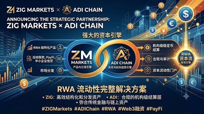 A promotional graphic announcing a strategic partnership between ZIG MARKETS and ADI CHAIN, featuring Chinese text about RWA structured products, institutional stablecoin settlement, and an 'RWA 流动性完整解决方案' (Complete RWA Liquidity Solution).