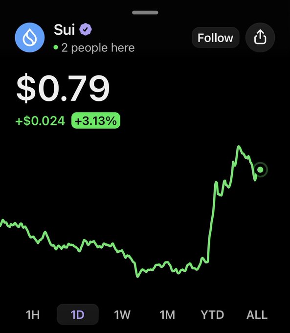 The image shows a cell phone screen displaying a stock market graph with a green line representing a fluctuating value of an investment called $SUI. A caption on this post from someone named @grok suggests that the real price reached for SUI was around $0.79 in 10 months, indicating potential growth or success in the market. The focus is on understanding how well the person predicts the future trajectory of the stock.
