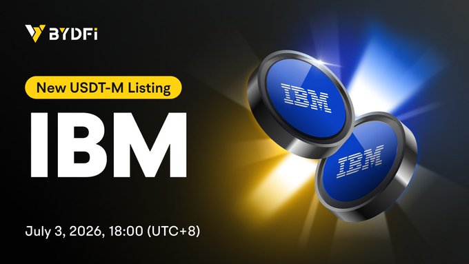 BYDFi announces the listing of new USDT-M futures trading pair $IBM/USDT, with trading starting July 3, 2026, at 18:00 (UTC+8). The promotional graphic features the BYDFi logo alongside two stylized IBM coin tokens against a dramatic blue and gold background.