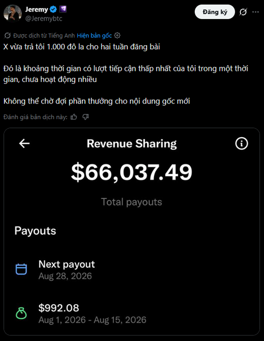 A screenshot of Jeremy (@Jeremybtc)'s tweet celebrating $66,037.49 in total payouts from X's Revenue Sharing program, with the next payout scheduled for August 28, 2026. The post highlights that he has earned over $66,000 in just two weeks, as shown in the attached Revenue Sharing dashboard displaying his total earnings and payout schedule.